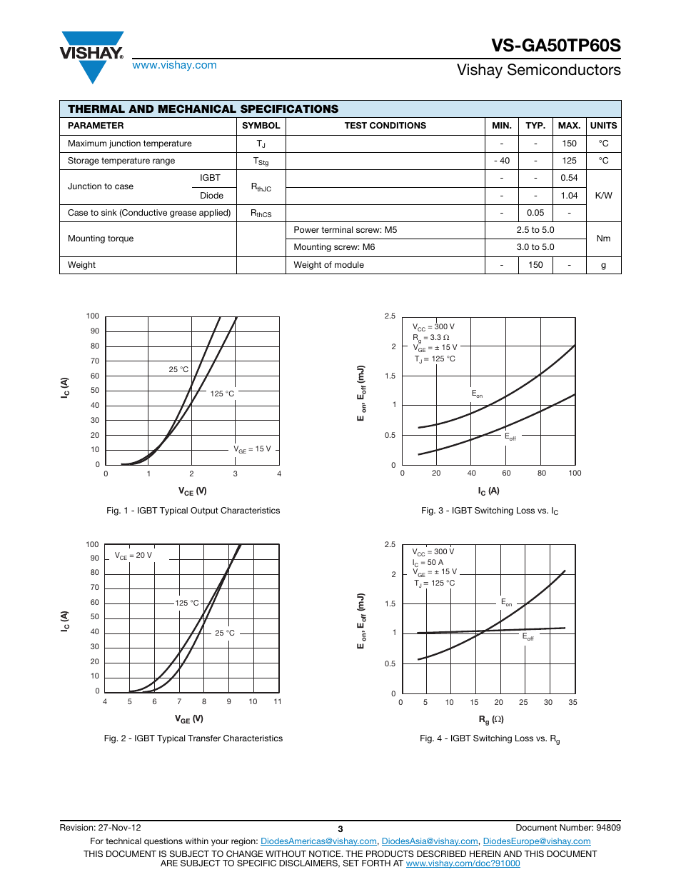 Vs-ga50tp60s, Vishay semiconductors, Thermal and mechanical specifications | C&H Technology VS-GA50TP60S User Manual | Page 4 / 7
