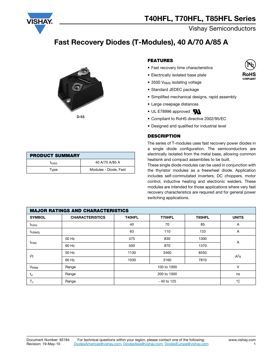 Datasheet, Vishay semiconductors | C&H Technology T85HFL Series User Manual | Page 2 / 17