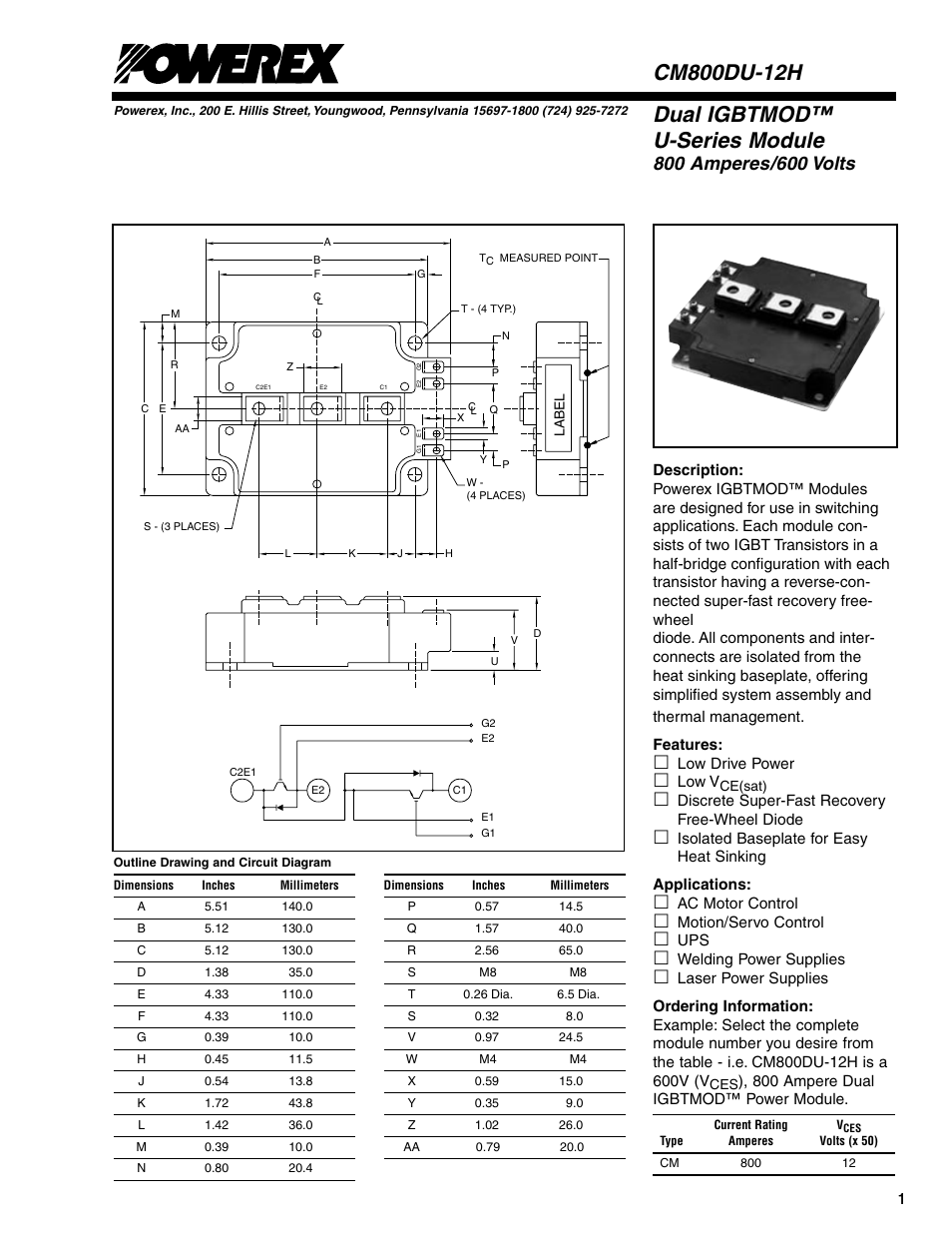 Dual igbtmod™ u-series module | C&H Technology CM800DU-12H User Manual | Page 2 / 5