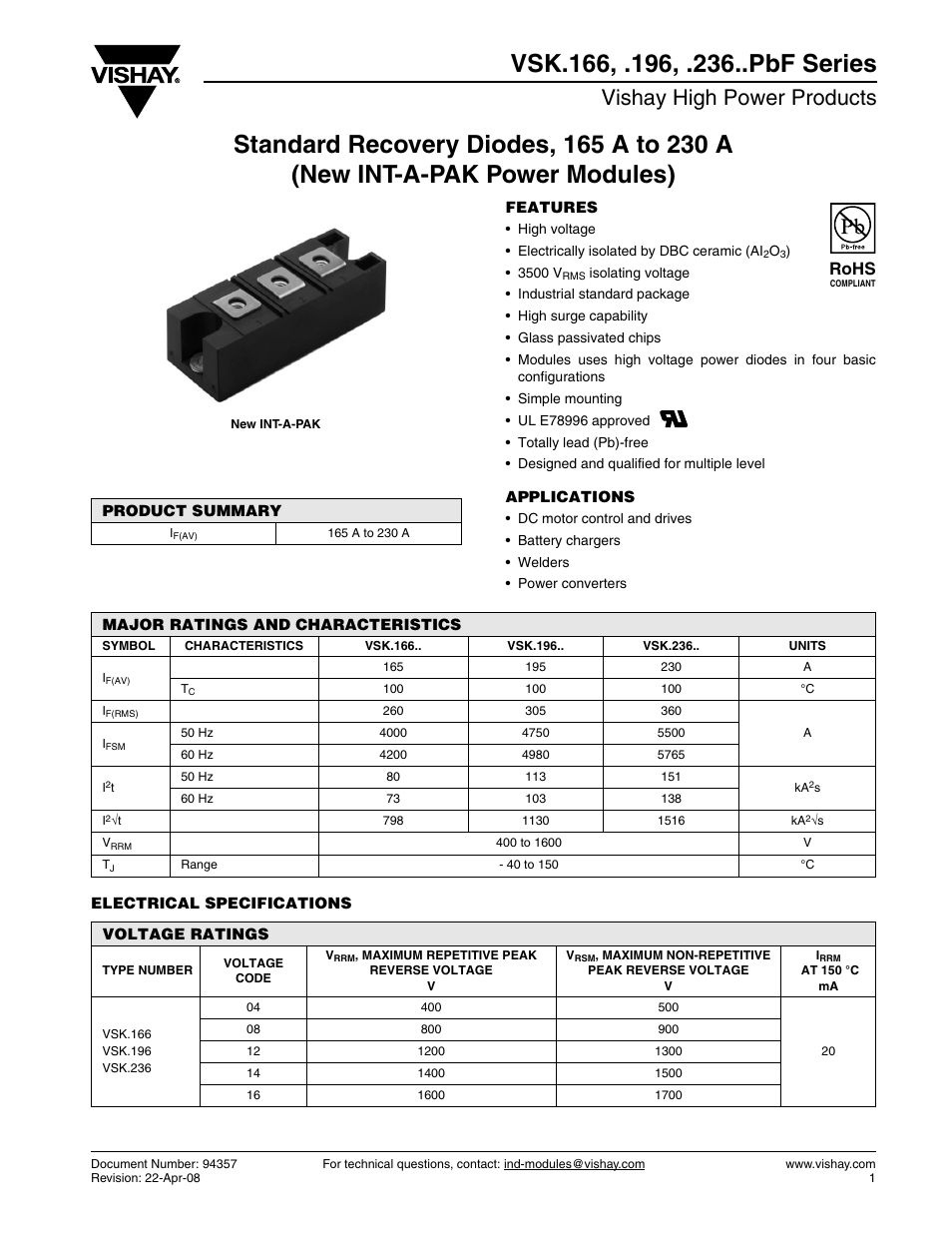 Vishay high power products, Rohs | C&H Technology VSK.236..PbF Series User Manual | Page 2 / 12