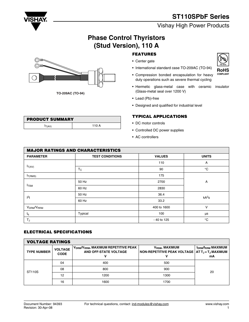 Vishay high power products, Rohs | C&H Technology ST110SPbF Series User Manual | Page 2 / 7