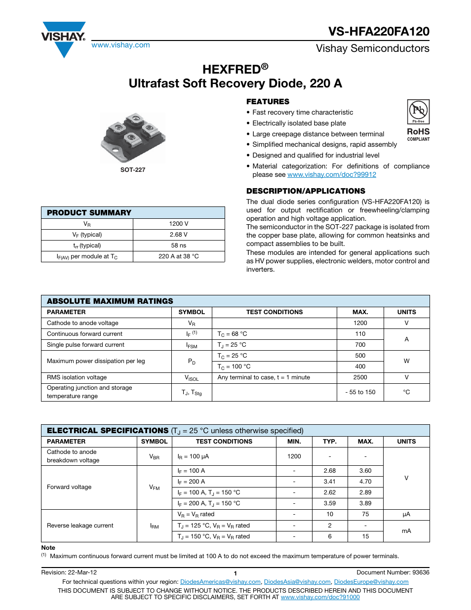 Hexfred, Ultrafast soft recovery diode, 220 a, Vishay semiconductors | C&H Technology VS-HFA220FA120 User Manual | Page 2 / 7