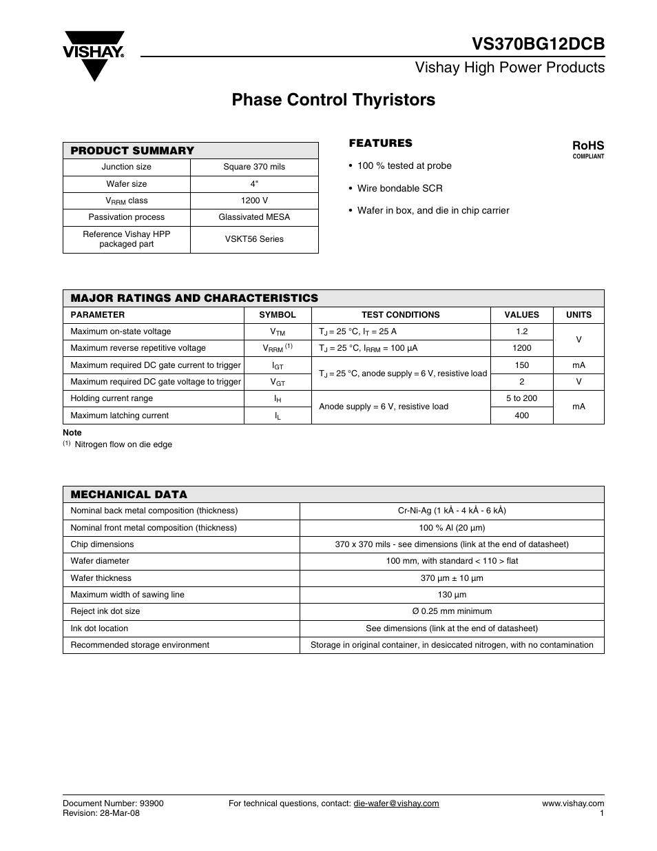 Vishay high power products, Rohs | C&H Technology VS370BG12DCB User Manual | Page 2 / 3