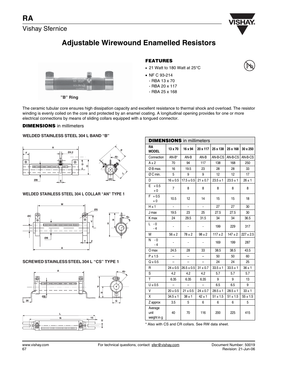 Adjustable wirewound enamelled resistors, Vishay sfernice | C&H Technology RA User Manual | Page 2 / 4