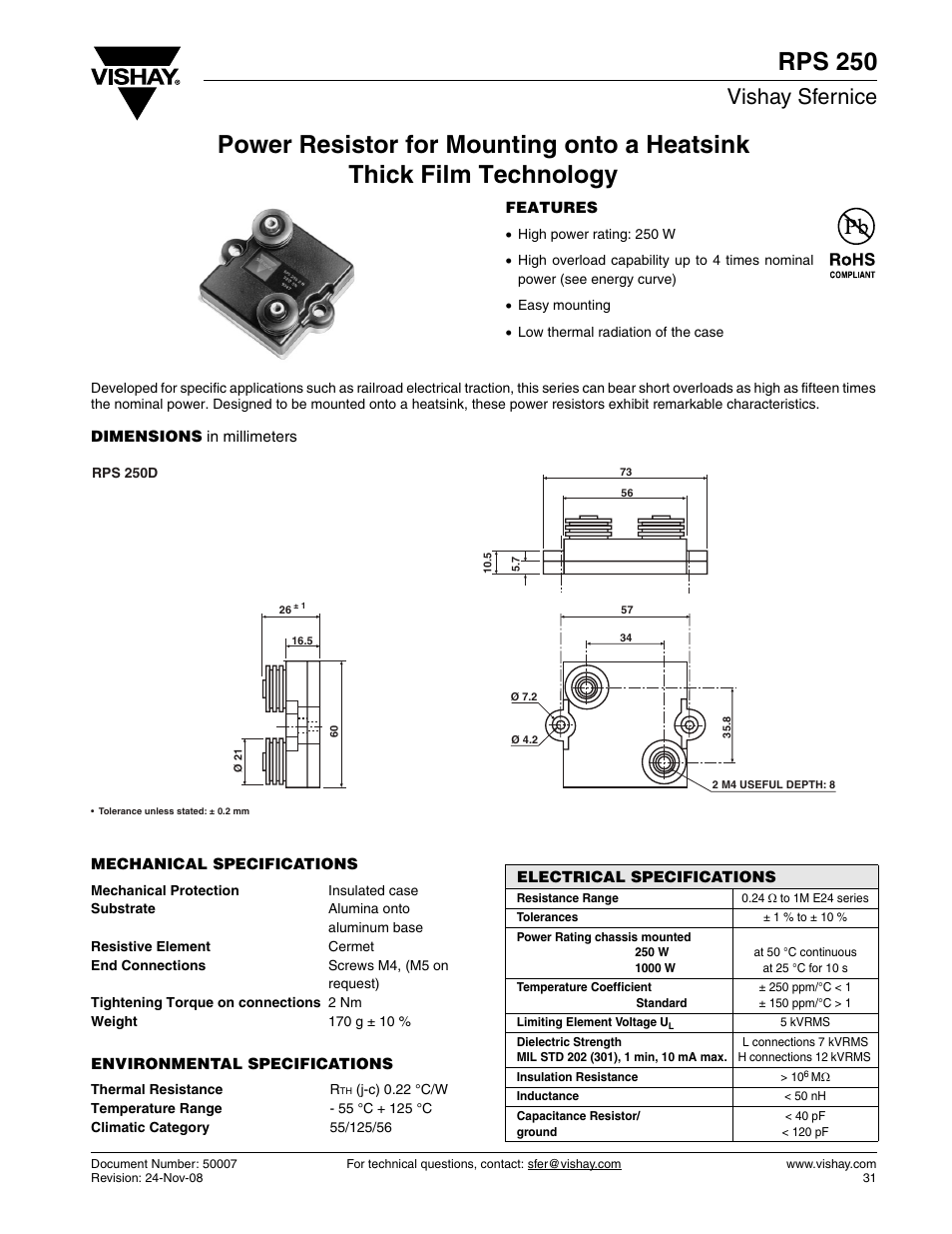 Datasheet, Rps 250, Vishay sfernice | C&H Technology RPS250 User Manual | Page 2 / 6