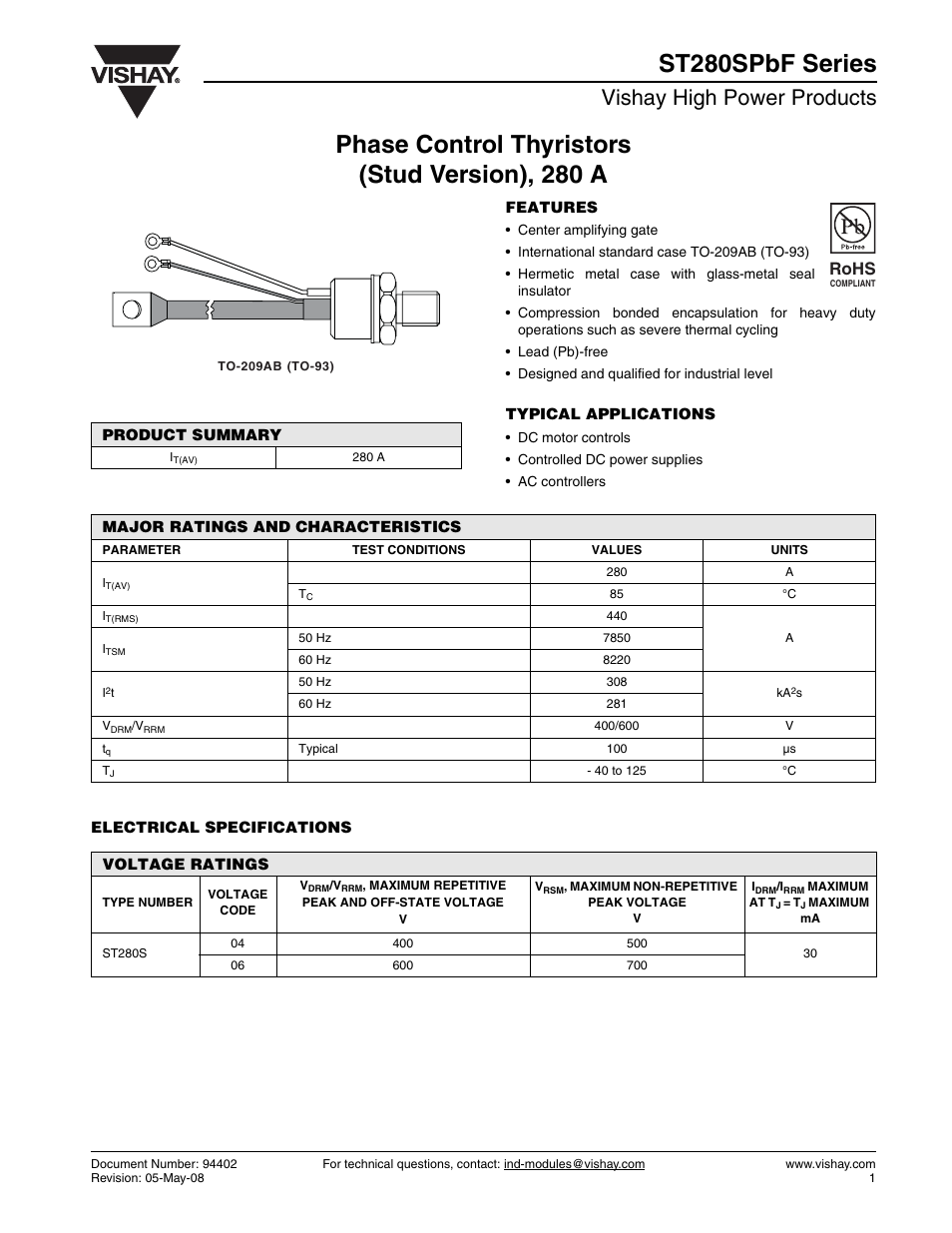 Vishay high power products, Rohs | C&H Technology ST280SPbF Series User Manual | Page 2 / 7