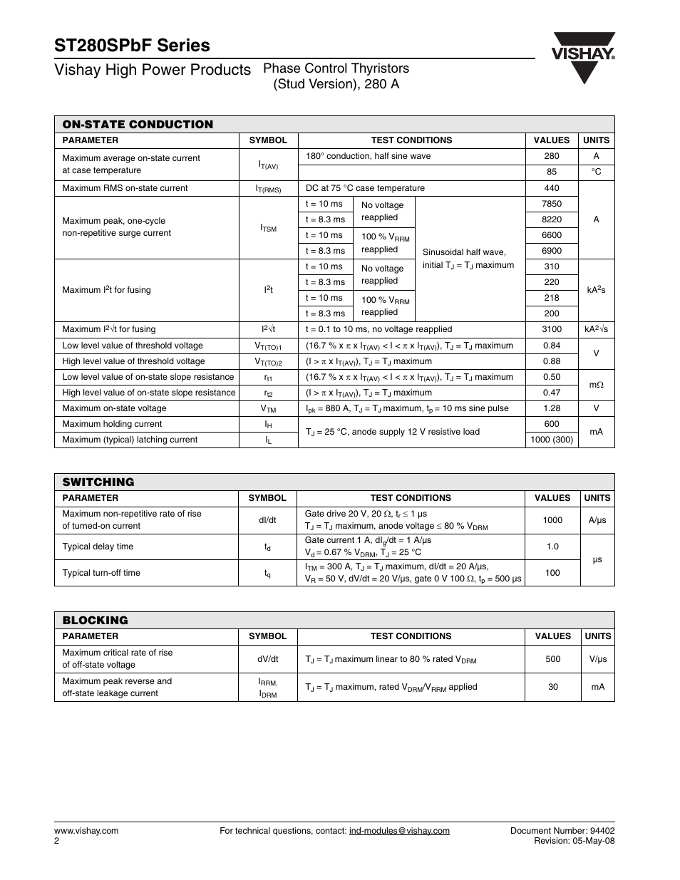 St280spbf series, Vishay high power products, Phase control thyristors (stud version), 280 a | On-state conduction, Switching, Blocking | C&H Technology ST280SPbF Series User Manual | Page 3 / 7