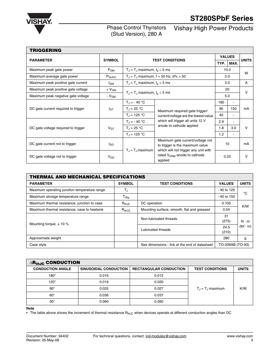 St280spbf series, Vishay high power products, Phase control thyristors (stud version), 280 a | C&H Technology ST280SPbF Series User Manual | Page 4 / 7