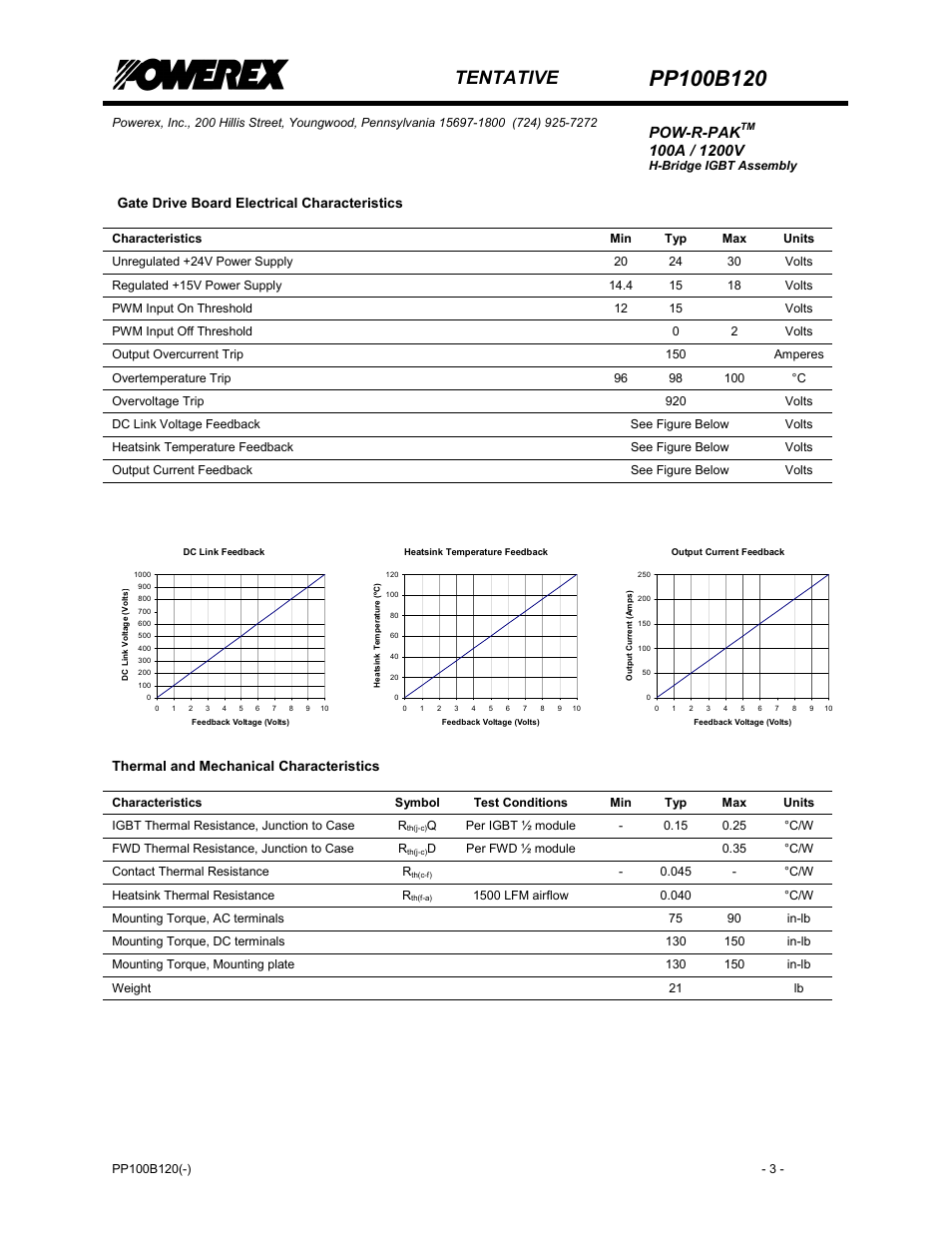 Tentative, Pow-r-pak, Gate drive board electrical characteristics | Thermal and mechanical characteristics | C&H Technology PP100B120 User Manual | Page 4 / 8