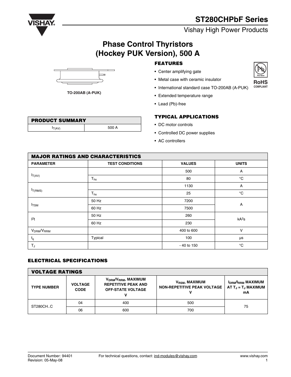 Vishay high power products, Rohs | C&H Technology ST280CHPbF Series User Manual | Page 2 / 8