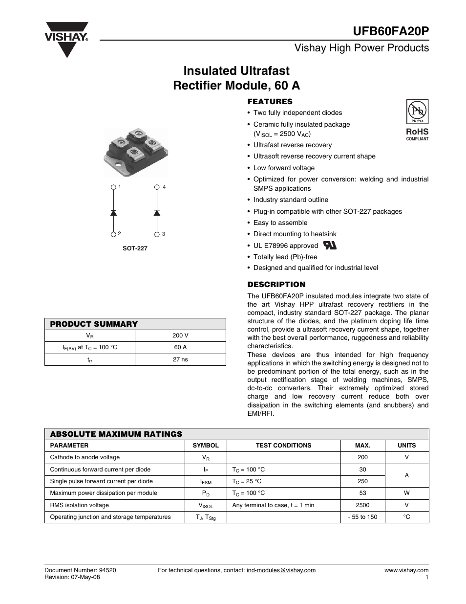 Datasheet, Vishay high power products, Rohs | C&H Technology UFB60FA20P User Manual | Page 2 / 8