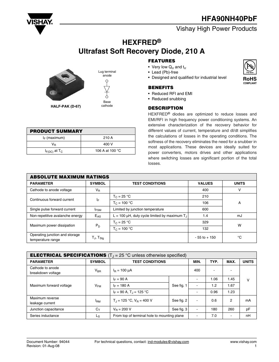 Datasheet, Hexfred, Vishay high power products | Rohs | C&H Technology HFA90NH40PbF User Manual | Page 2 / 8