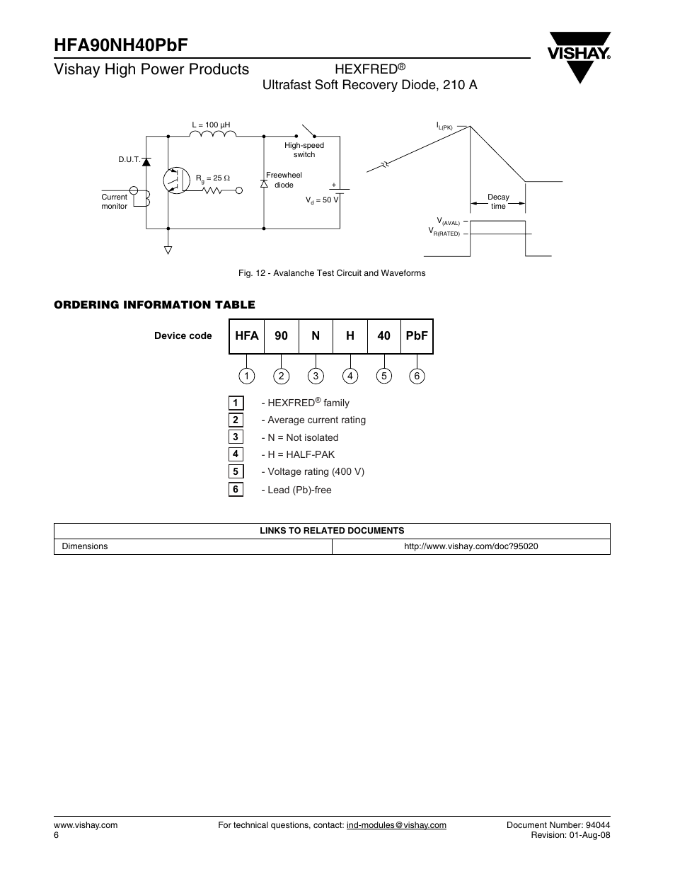 Hfa90nh40pbf, Vishay high power products, Hexfred | Ultrafast soft recovery diode, 210 a | C&H Technology HFA90NH40PbF User Manual | Page 7 / 8