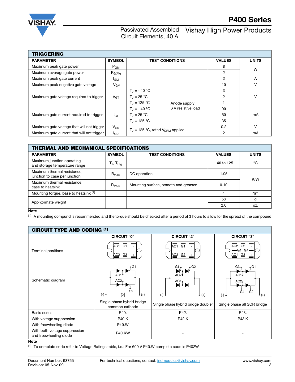 P400 series, Vishay high power products, Passivated assembled circuit elements, 40 a | Triggering, Thermal and mechanical specifications, Circuit type and coding | C&H Technology P400 Series User Manual | Page 4 / 7