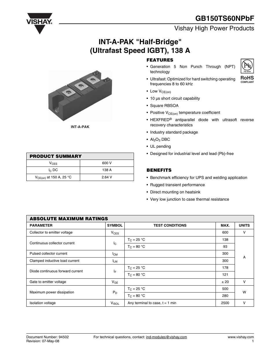Datasheet, Vishay high power products, Rohs | C&H Technology GB150TS60NPbF User Manual | Page 2 / 9