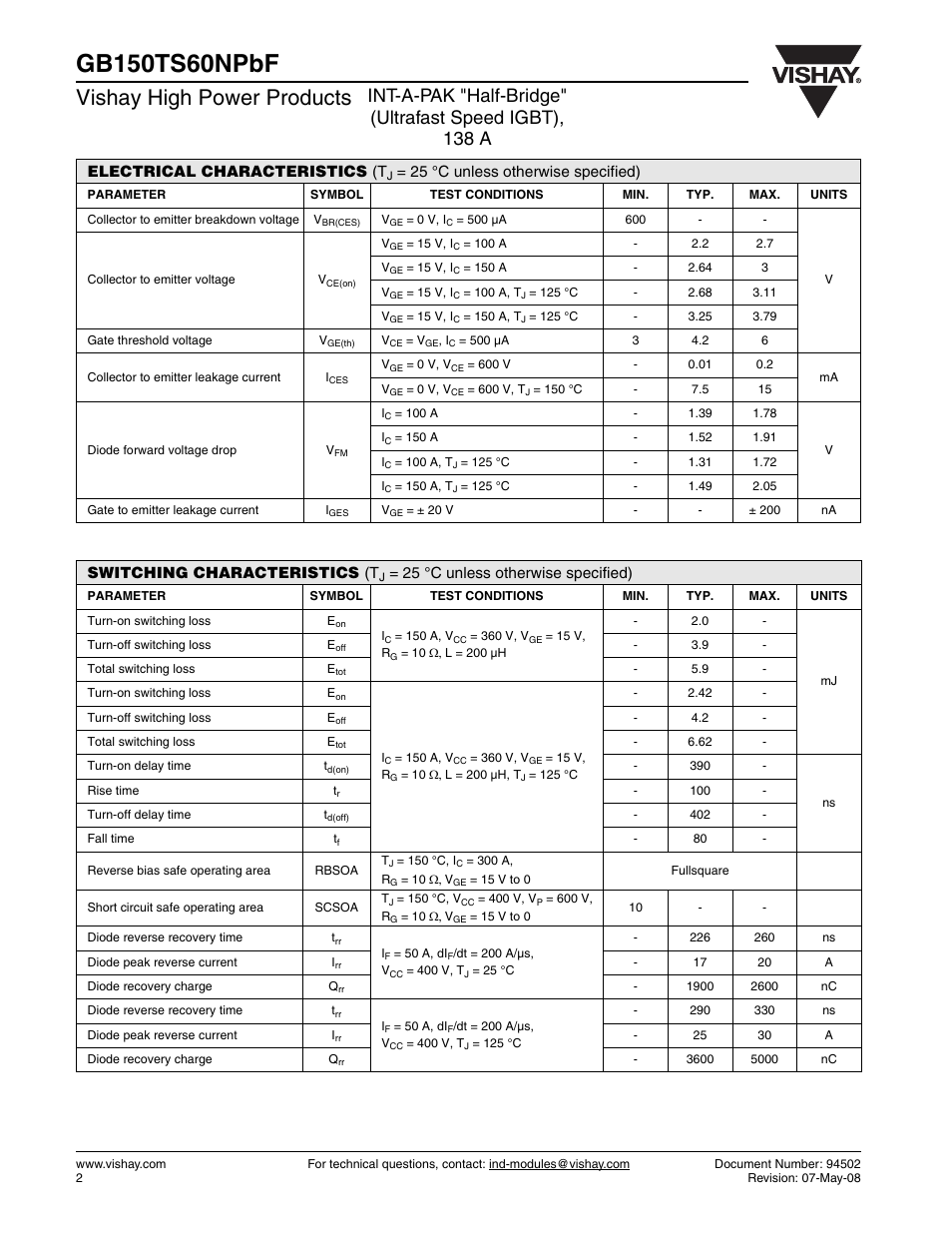 Vishay high power products, Electrical characteristics (t, 25 °c unless otherwise specified) | Switching characteristics (t | C&H Technology GB150TS60NPbF User Manual | Page 3 / 9