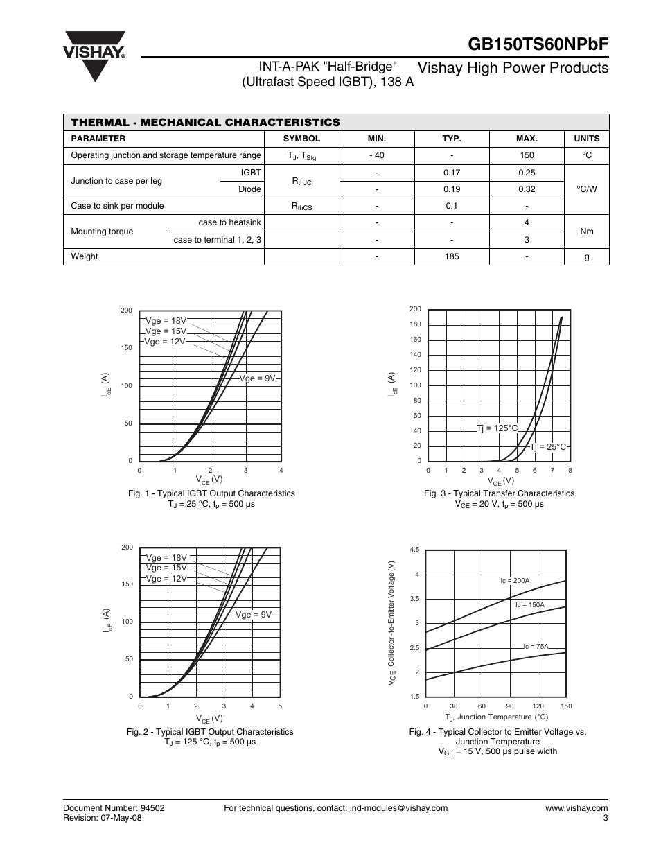 Vishay high power products, Thermal - mechanical characteristics | C&H Technology GB150TS60NPbF User Manual | Page 4 / 9