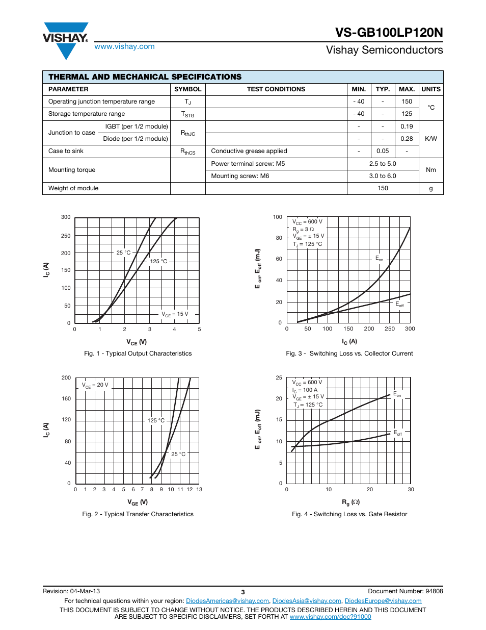 Vishay semiconductors, Thermal and mechanical specifications | C&H Technology VS-GB100LP120N User Manual | Page 4 / 7
