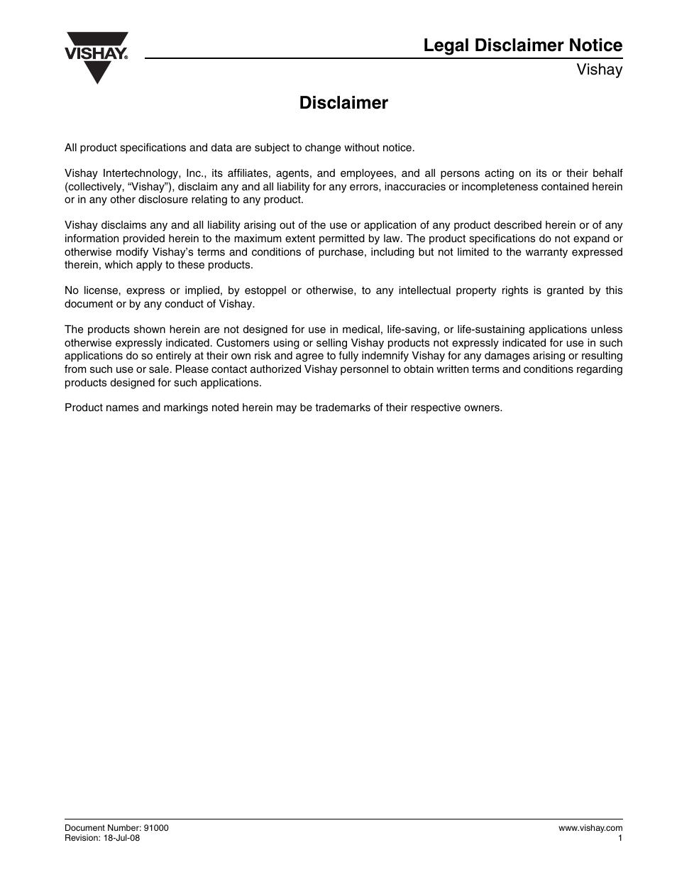 Disclaimer, Disclaimer legal disclaimer notice, Vishay | C&H Technology D2TO20 User Manual | Page 6 / 6