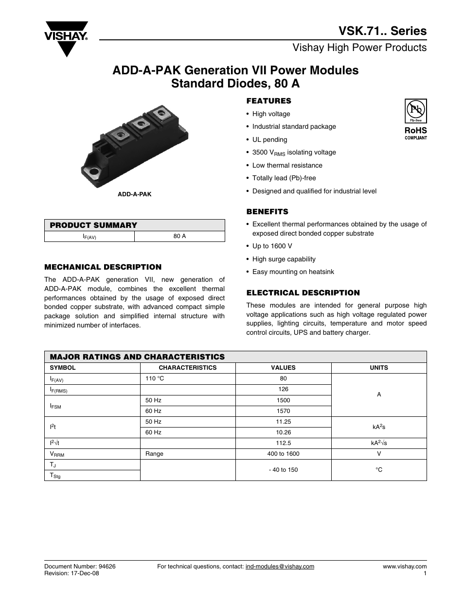 Main datasheet, Vishay high power products | C&H Technology VSK.71.. Series User Manual | Page 2 / 11