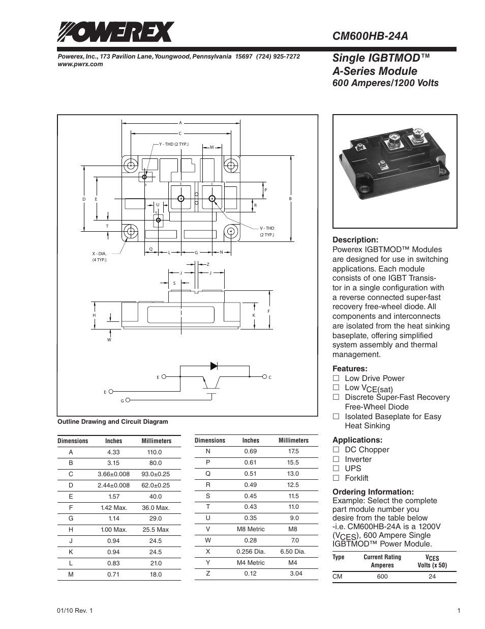 Single igbtmod™ a-series module | C&H Technology CM600HB-24A User Manual | Page 2 / 5