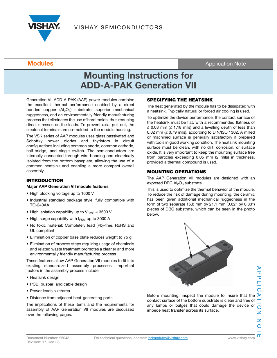Application note - 95043, Mounting instructions for add-a-pak generation vii, Modules | Applic ation n o te | C&H Technology VSKCS440-030 User Manual | Page 8 / 10