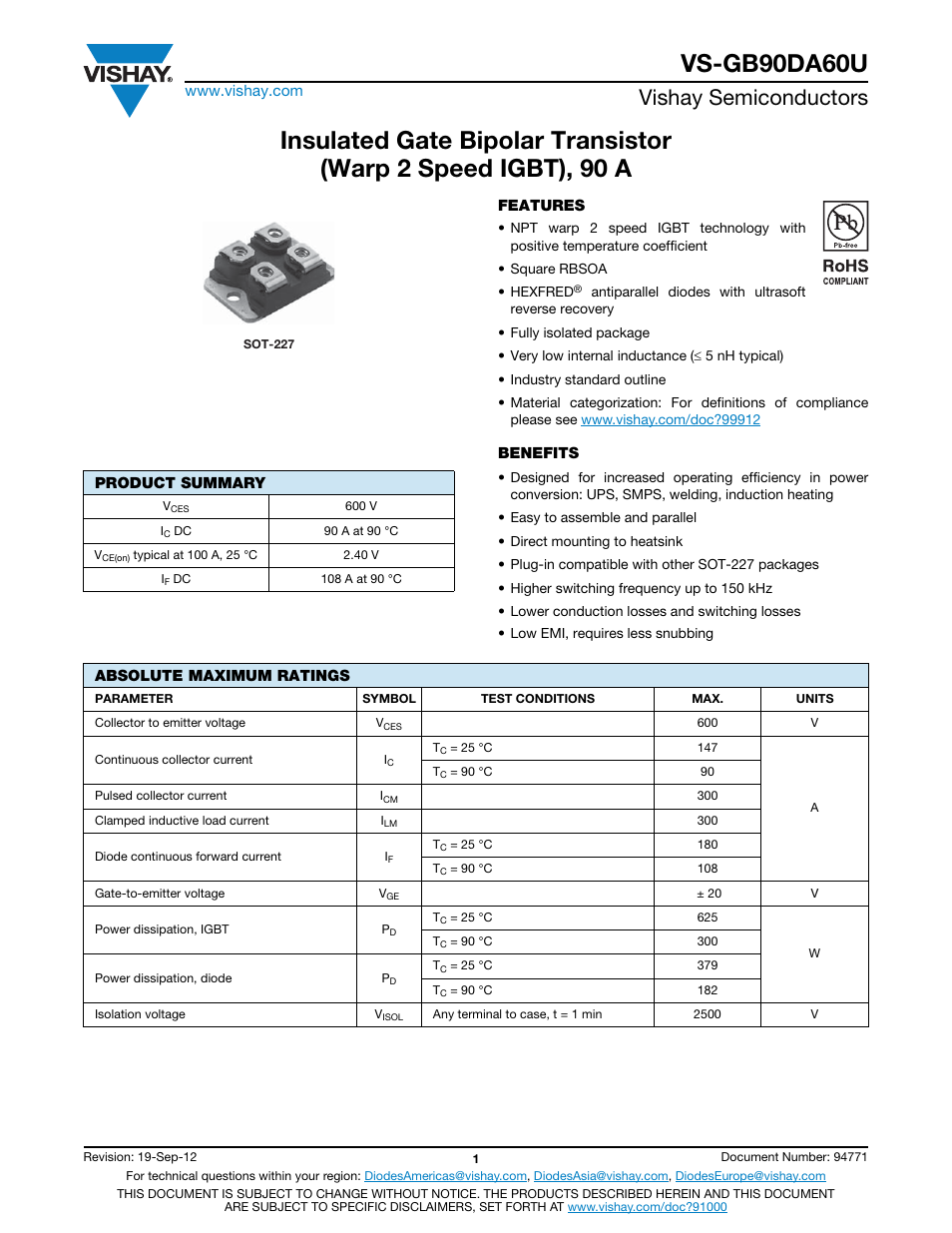 Vs-gb90da60u, Vishay semiconductors | C&H Technology VS-GB90DA60U User Manual | Page 2 / 11