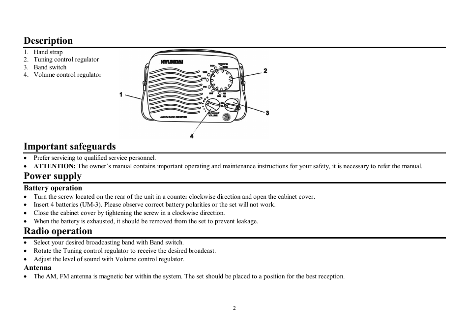 Description, Important safeguards, Power supply | Radio operation | Hyundai H-1602 User Manual | Page 2 / 5