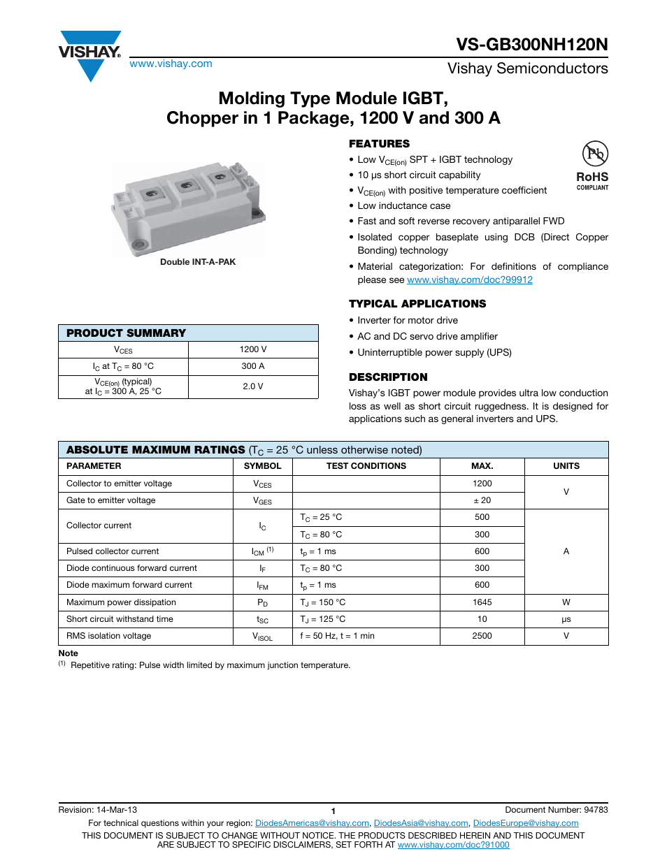 Vishay semiconductors | C&H Technology VS-GB300NH120N User Manual | Page 2 / 7