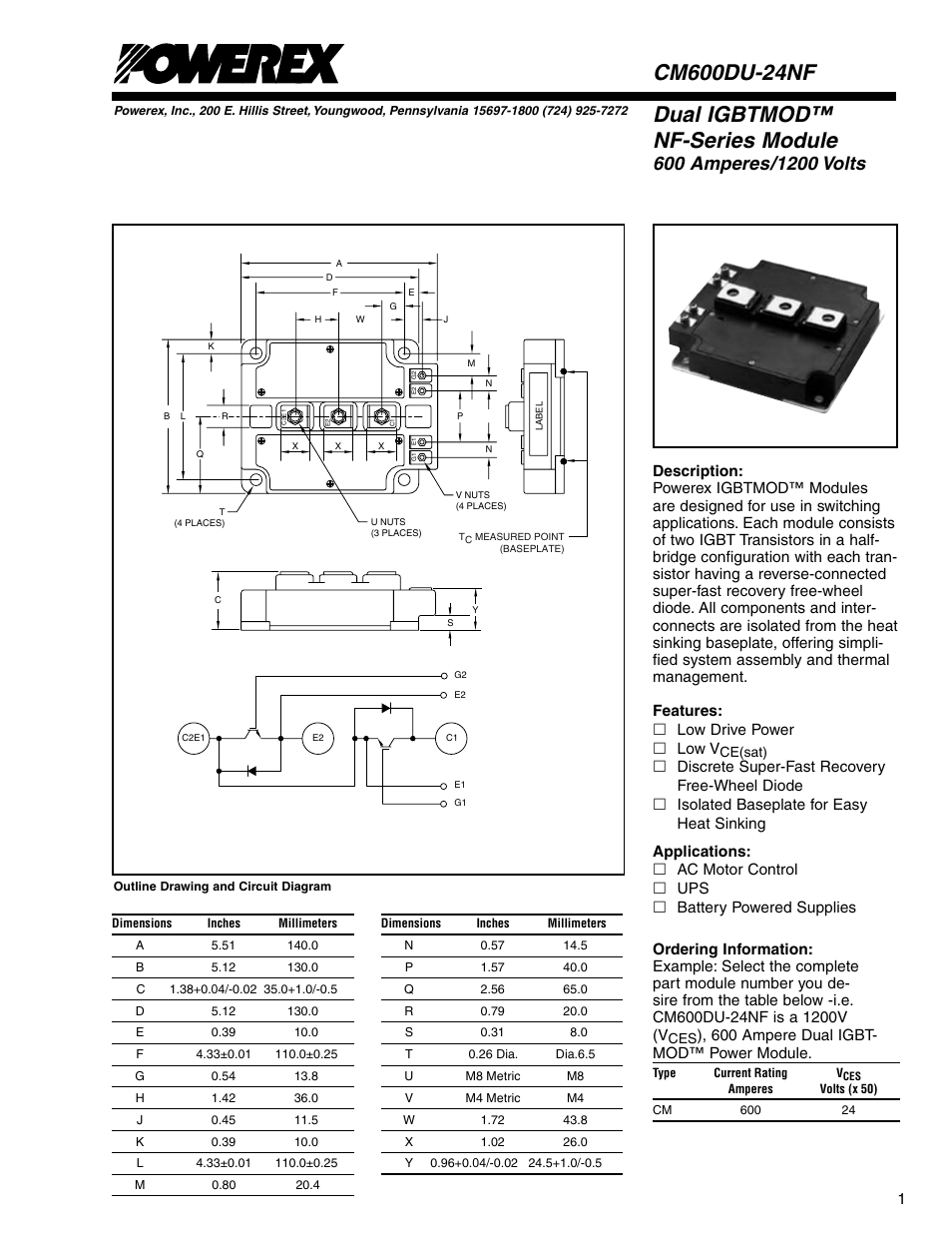 Dual igbtmod™ nf-series module | C&H Technology CM600DU-24NF User Manual | Page 2 / 5