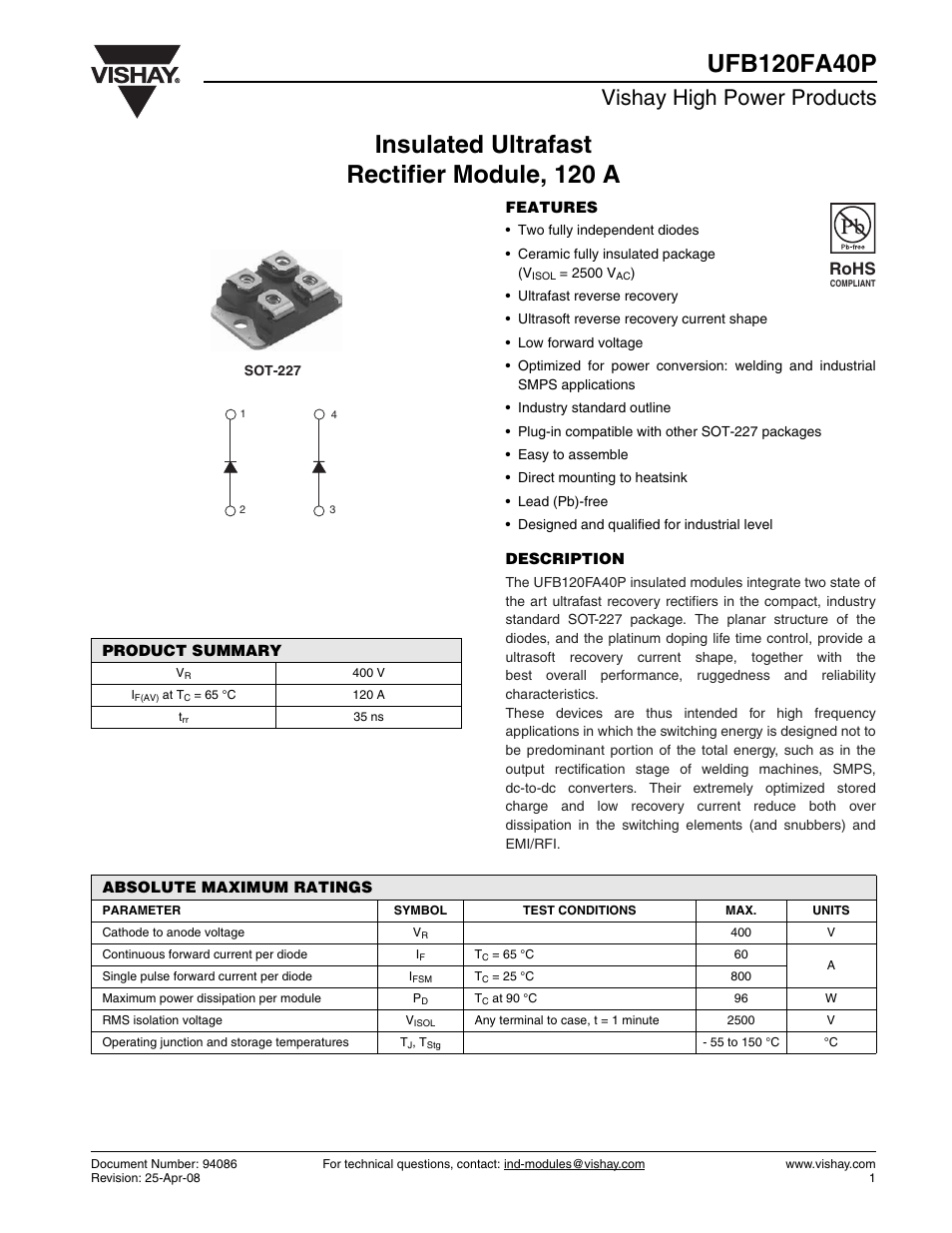 Datasheet, Vishay high power products, Rohs | C&H Technology UFB120FA40P User Manual | Page 2 / 8