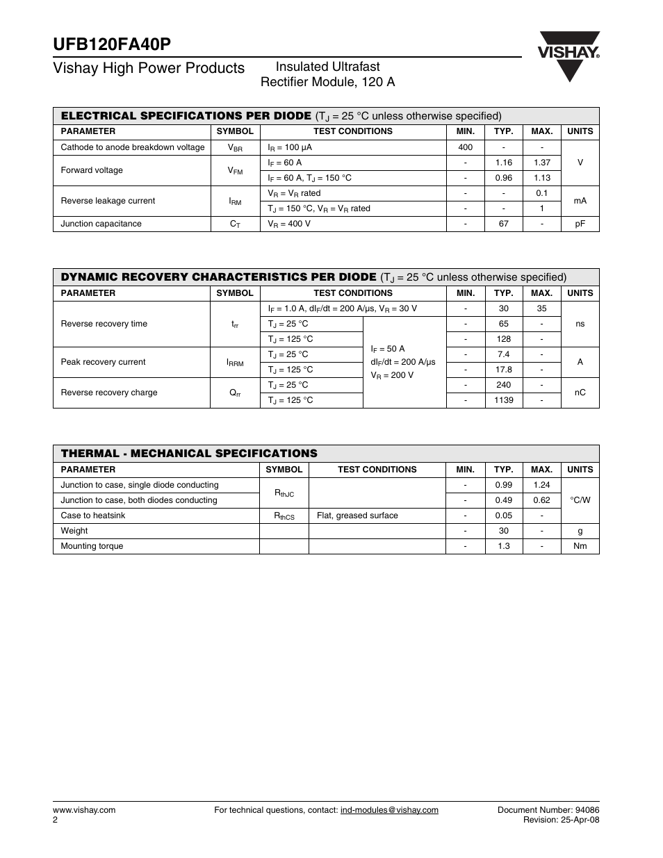 Vishay high power products, Insulated ultrafast rectifier module, 120 a | C&H Technology UFB120FA40P User Manual | Page 3 / 8