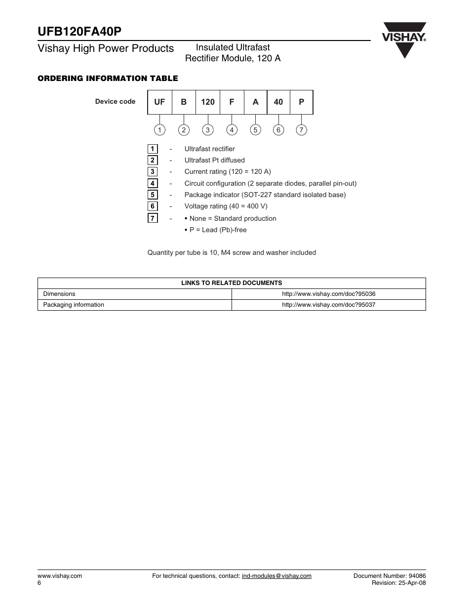 Vishay high power products, Insulated ultrafast rectifier module, 120 a | C&H Technology UFB120FA40P User Manual | Page 7 / 8