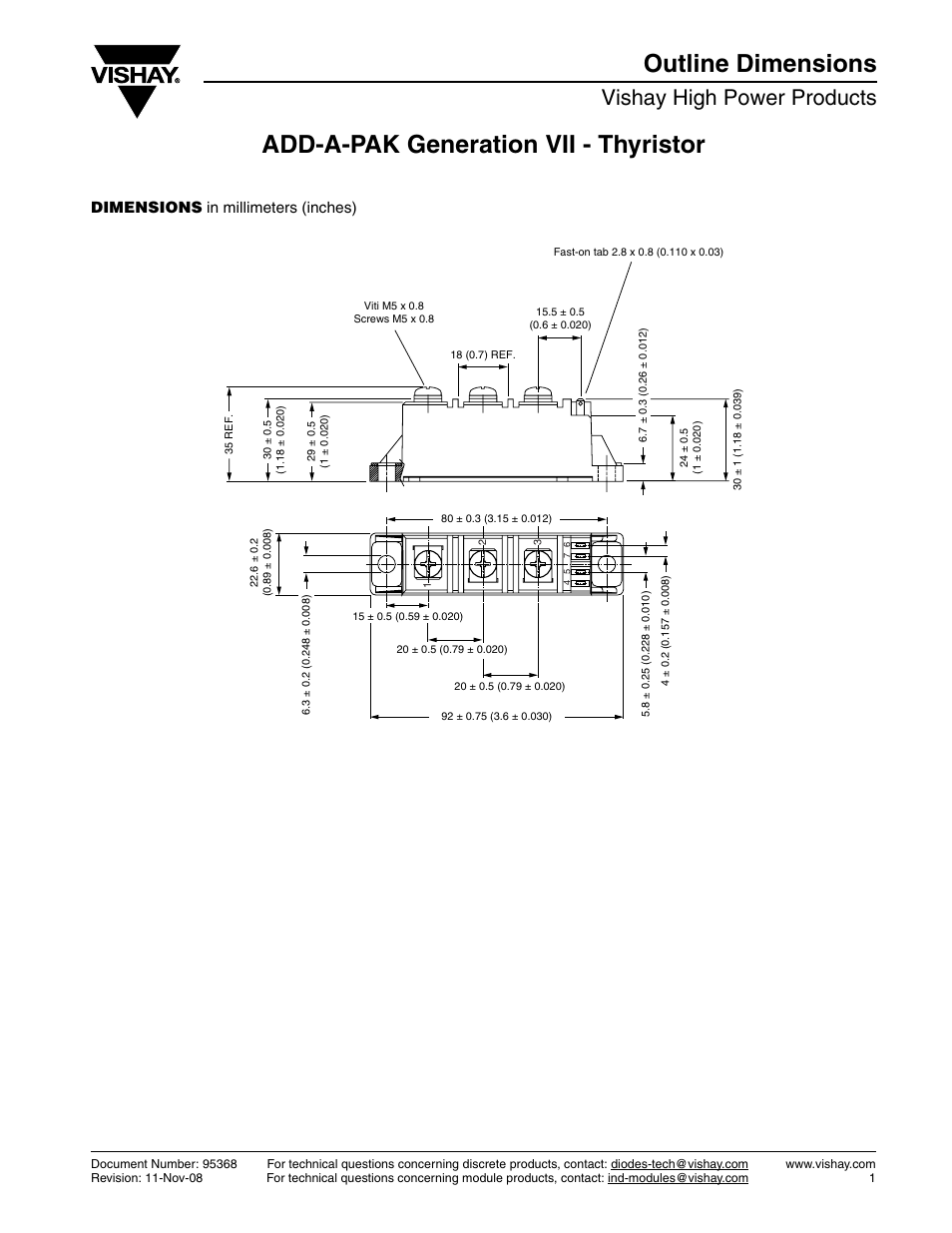 Package drawing - 95368, Vishay high power products, Dimensions in millimeters (inches) | C&H Technology VSKV91.. Series User Manual | Page 9 / 11