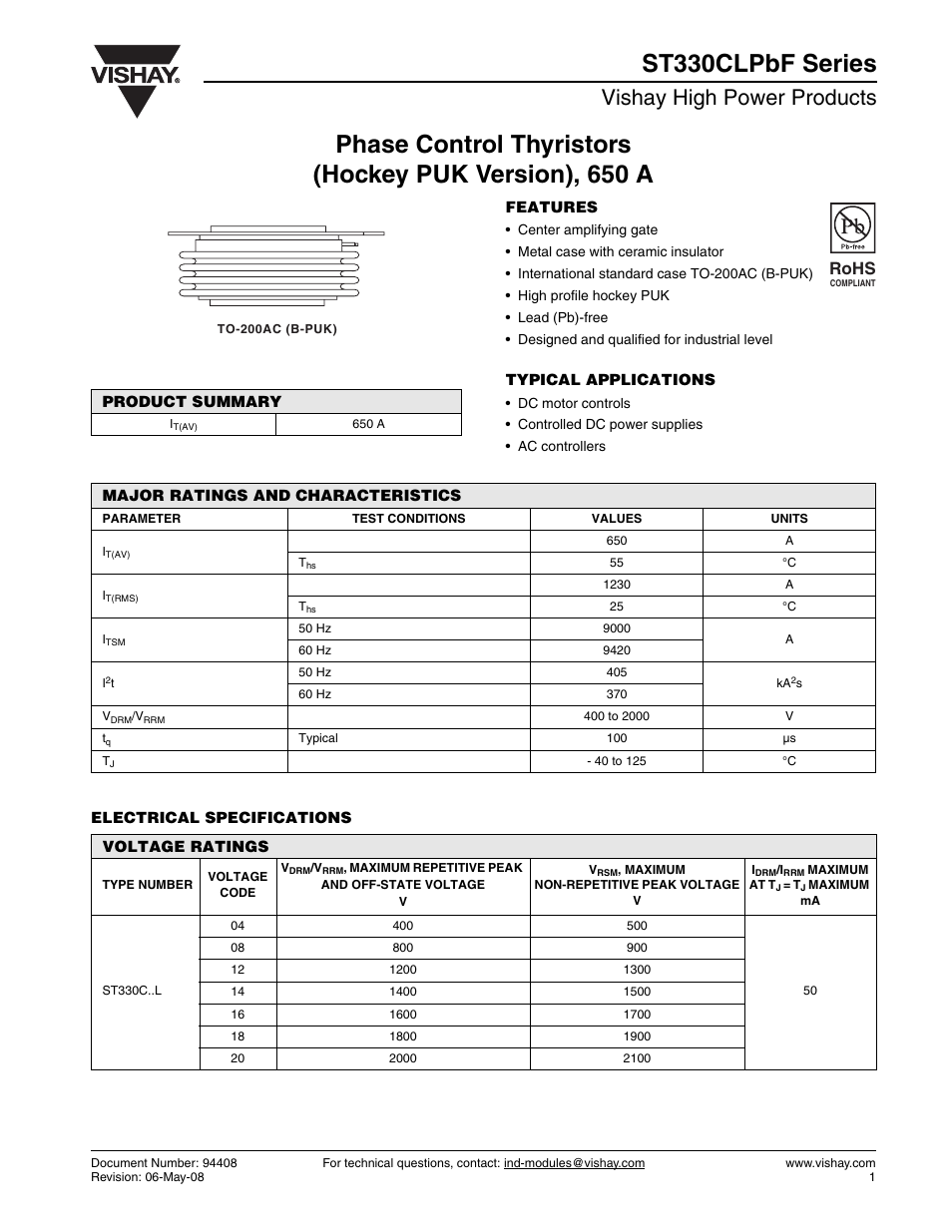 Vishay high power products, Rohs | C&H Technology ST330CLPbF Series User Manual | Page 2 / 8