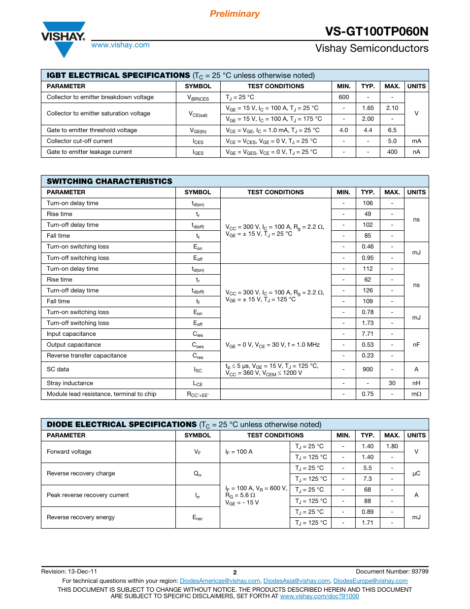 Vishay semiconductors, Preliminary, Igbt electrical specifications (t | Switching characteristics, Diode electrical specifications (t | Vishay VS-GT100TP060N User Manual | Page 2 / 6