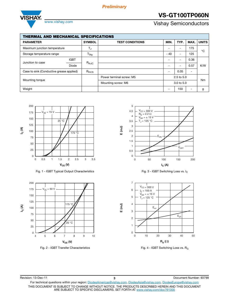 Vishay semiconductors, Preliminary, Thermal and mechanical specifications | Vishay VS-GT100TP060N User Manual | Page 3 / 6