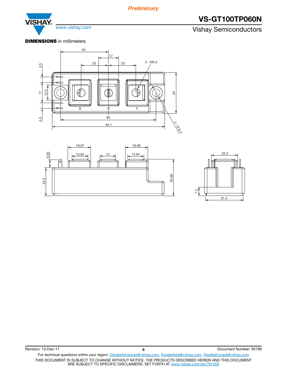 Vishay semiconductors, Preliminary, Dimensions in millimeters | Vishay VS-GT100TP060N User Manual | Page 6 / 6