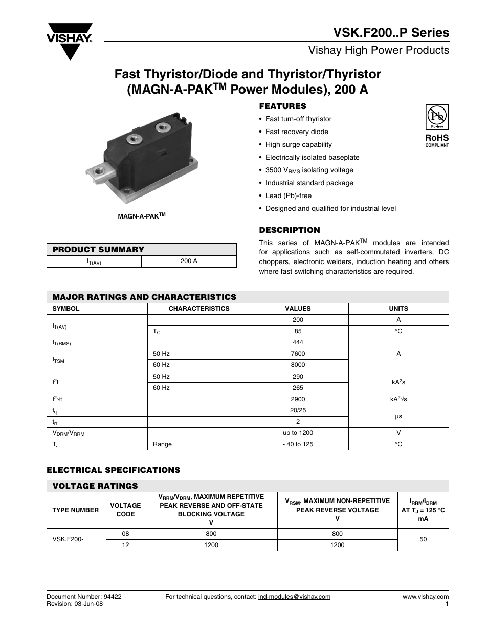 Vishay high power products, Rohs | C&H Technology VSK.F200..P Series User Manual | Page 2 / 9