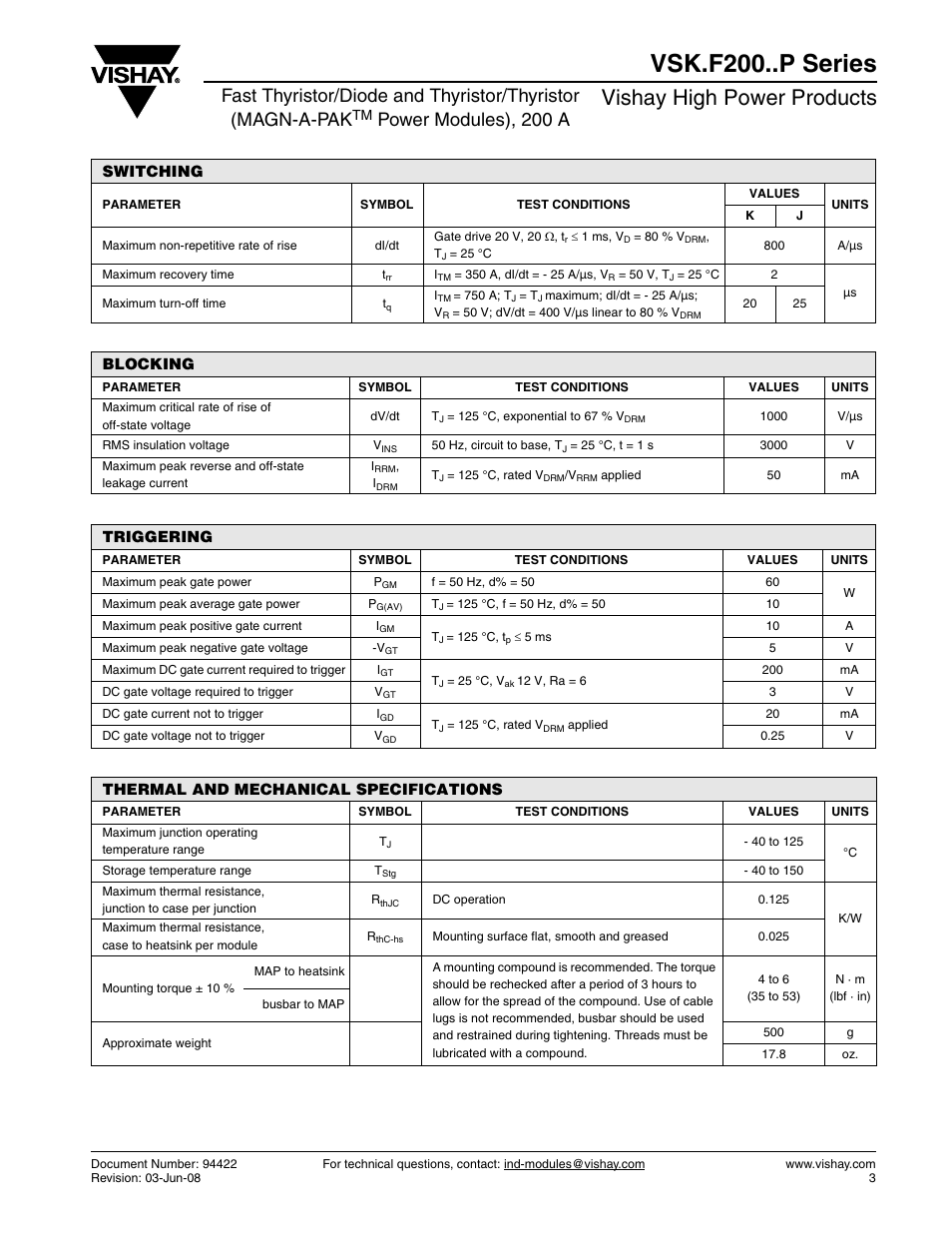 Vsk.f200..p series, Vishay high power products, Power modules), 200 a | C&H Technology VSK.F200..P Series User Manual | Page 4 / 9