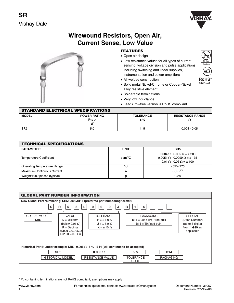Vishay dale, Rohs | C&H Technology SR User Manual | Page 2 / 3