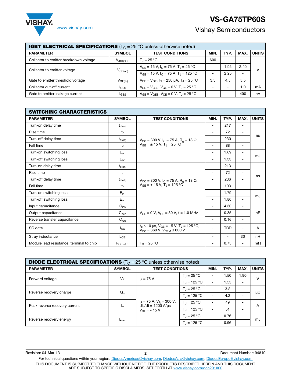 Vs-ga75tp60s, Vishay semiconductors, Igbt electrical specifications (t | Switching characteristics, Diode electrical specifications (t | C&H Technology VS-GA75TP60S User Manual | Page 3 / 7