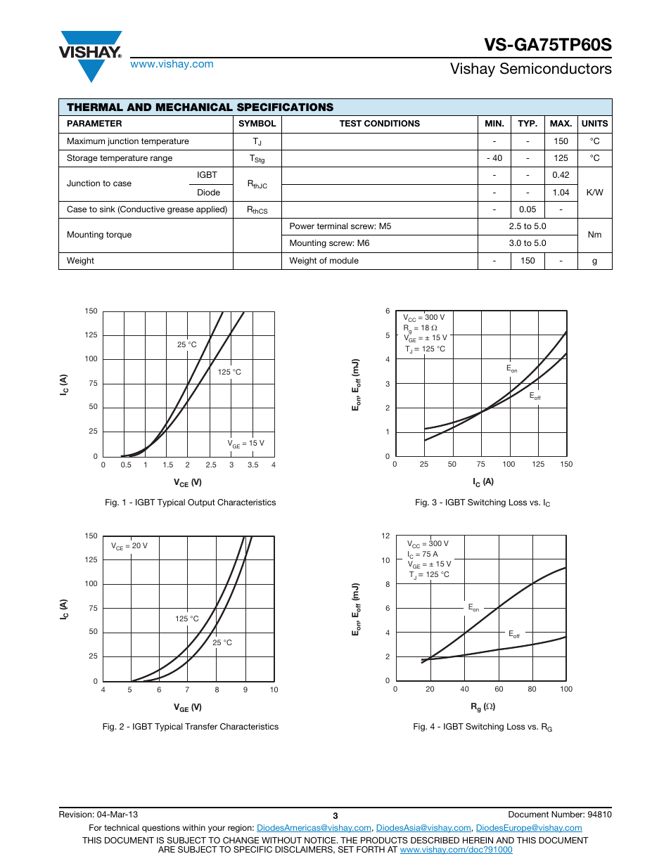 Vs-ga75tp60s, Vishay semiconductors, Thermal and mechanical specifications | C&H Technology VS-GA75TP60S User Manual | Page 4 / 7