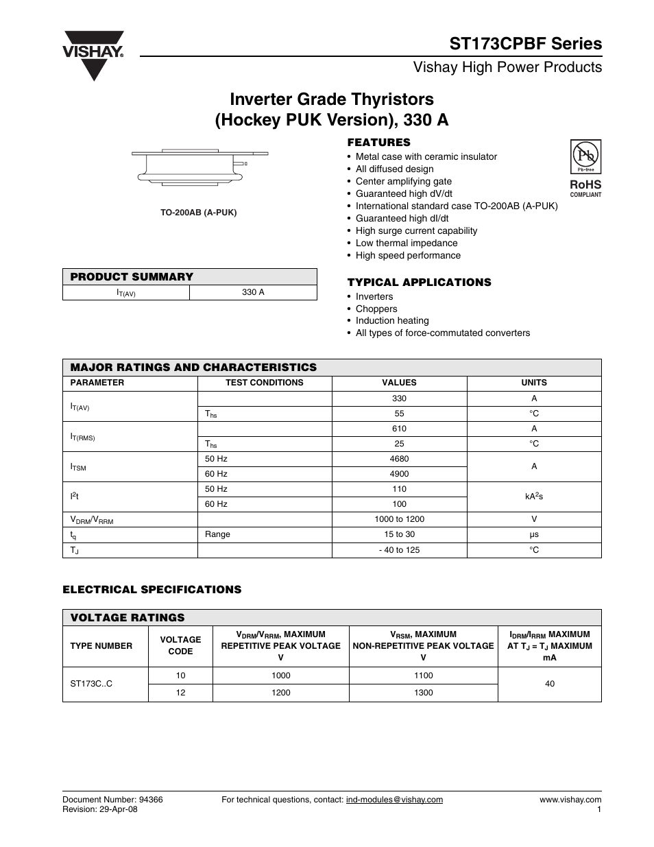 Vishay high power products, Rohs | C&H Technology ST173CPBF Series User Manual | Page 2 / 9