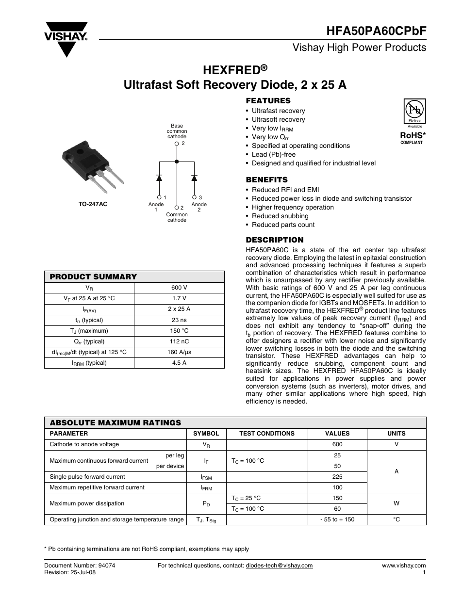 Vishay HFA50PA60CPbF User Manual | 7 pages