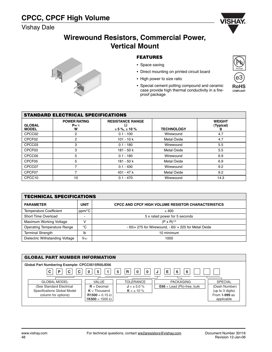 Cpcc, cpcf high volume, Vishay dale, Rohs | C&H Technology CPCF-High-Volume User Manual | Page 2 / 3