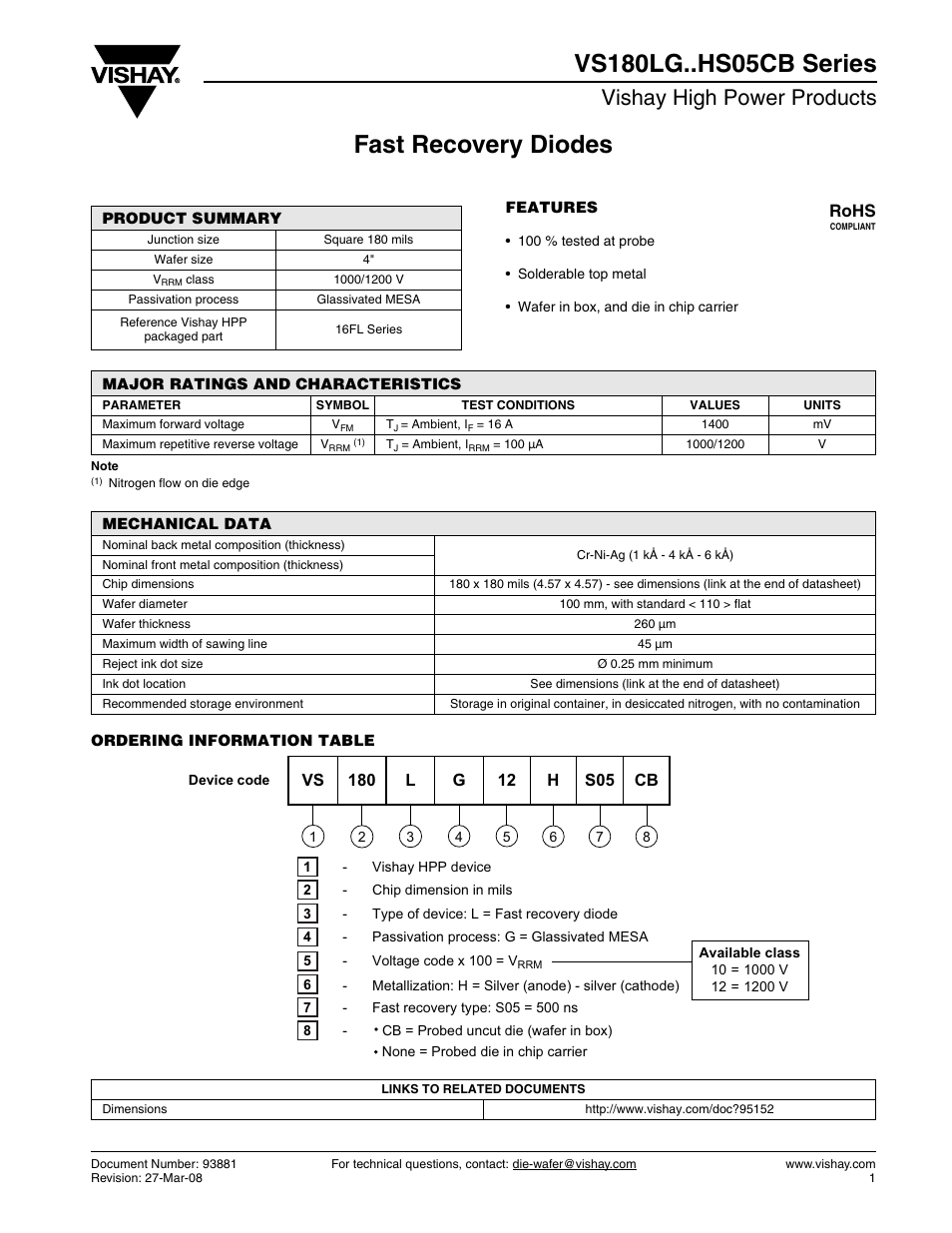 Vishay high power products, Rohs | C&H Technology VS180LG..HS05CB Series User Manual | Page 2 / 2