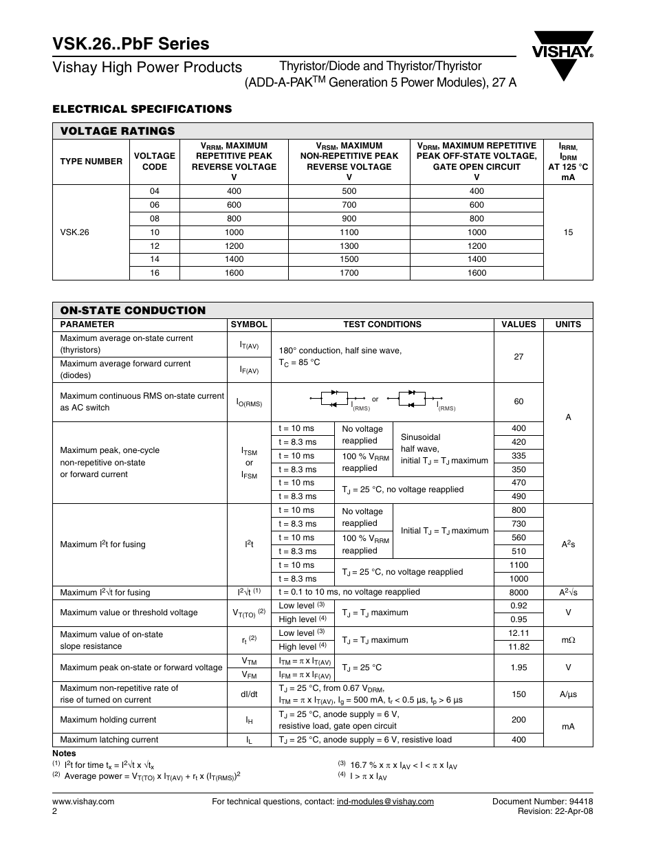 Vsk.26..pbf series, Vishay high power products, Thyristor/diode and thyristor/thyristor (add-a-pak | Generation 5 power modules), 27 a, Electrical specifications, Voltage ratings, On-state conduction | C&H Technology VSK.26..PbF Series User Manual | Page 3 / 8