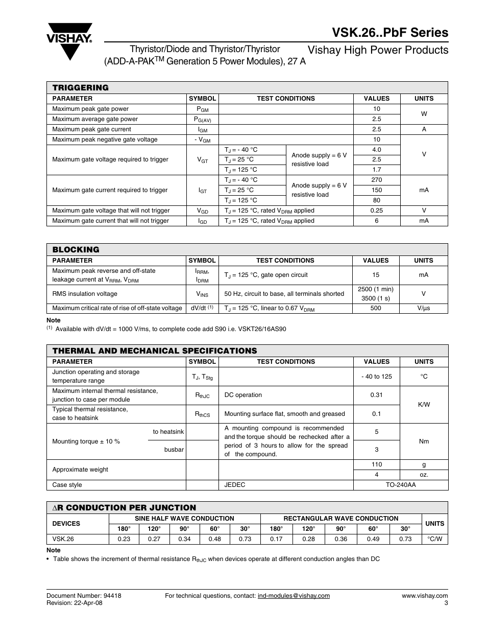 Vsk.26..pbf series, Vishay high power products, Thyristor/diode and thyristor/thyristor (add-a-pak | Generation 5 power modules), 27 a | C&H Technology VSK.26..PbF Series User Manual | Page 4 / 8