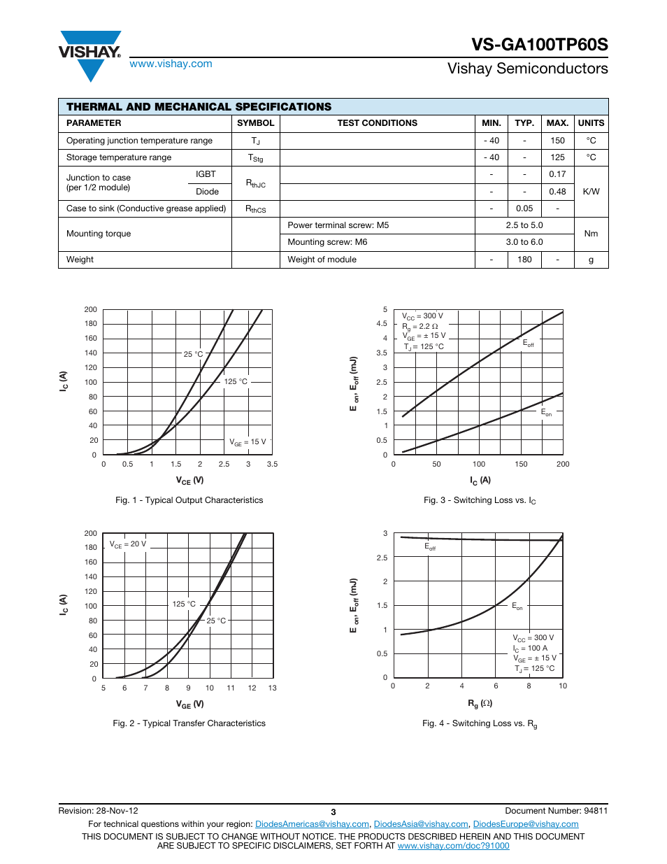 Vishay semiconductors, Thermal and mechanical specifications | C&H Technology VS-GA100TP60S User Manual | Page 4 / 7